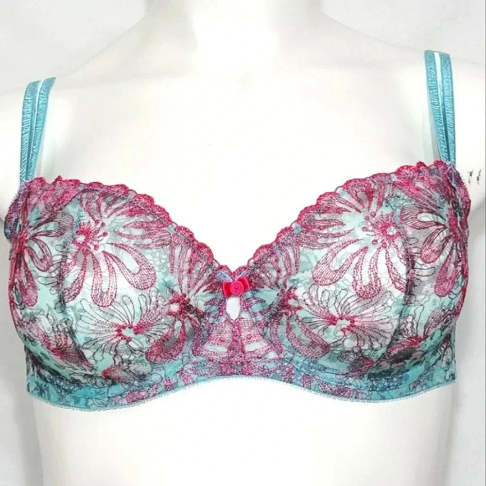 40D Paramour 115009‎ Ellie Demi Unlined Sheer Lace Bra Blue Botanical NWT